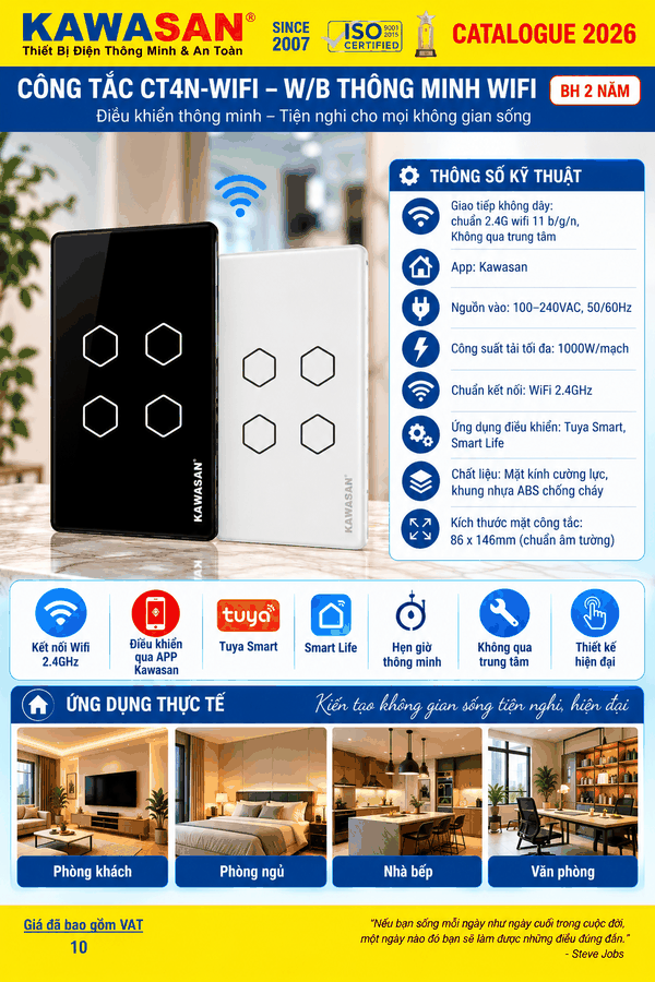 CÔNG TẮC CẢM ỨNG WIFI ÂM TƯỜNG CT4N (4 NÚT - B/W)