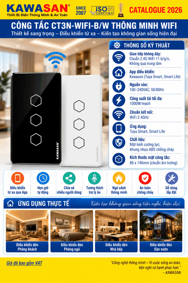 CÔNG TẮC CẢM ỨNG WIFI ÂM TƯỜNG CT3N (3 NÚT - B/W)