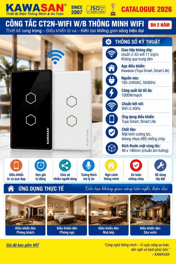 CÔNG TẮC CẢM ỨNG WIFI ÂM TƯỜNG CT2N (2 NÚT - B/W)