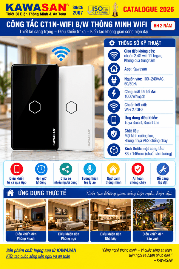 CÔNG TẮC CẢM ỨNG WIFI ÂM TƯỜNG CT1N (1 NÚT - B/W)