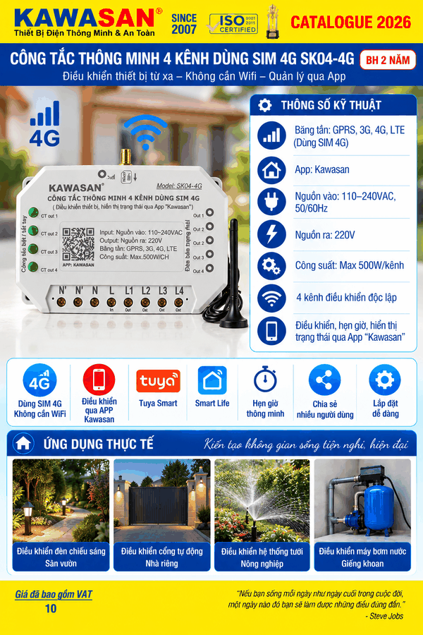 CÔNG TẮC WIFI DÙNG SIM 4G 4 KÊNH (SW-SIM4G-4K)