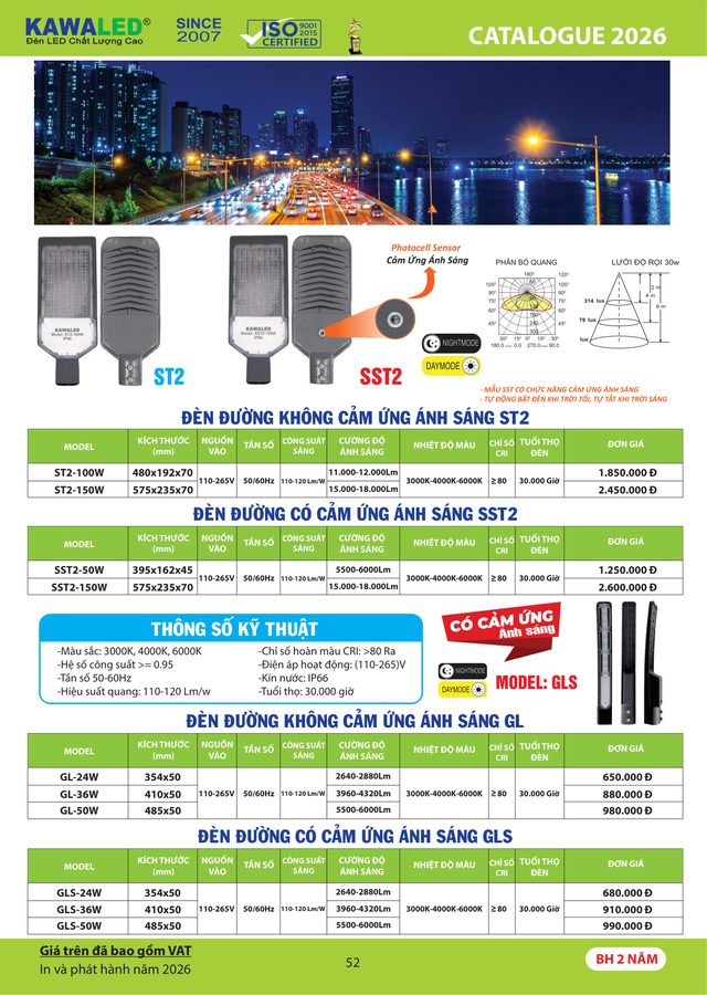 ĐÈN ĐƯỜNG KHÔNG CẢM ỨNG ÁNH SÁNG ST2