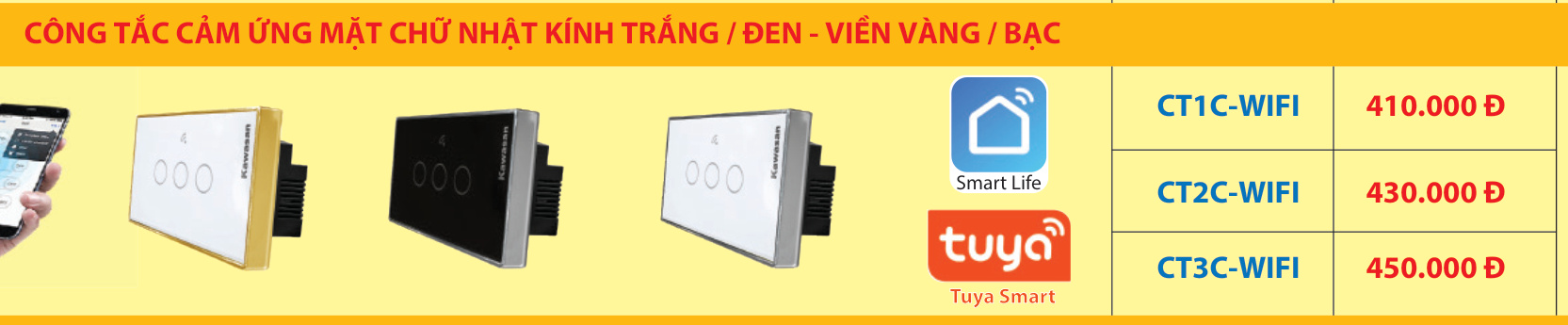 CÔNG TẮC CẢM ỨNG WIFI CHỮ NHẬT 1 NÚT VIỀN VÀNG/BẠC (CT1C-WIFI) catalogue